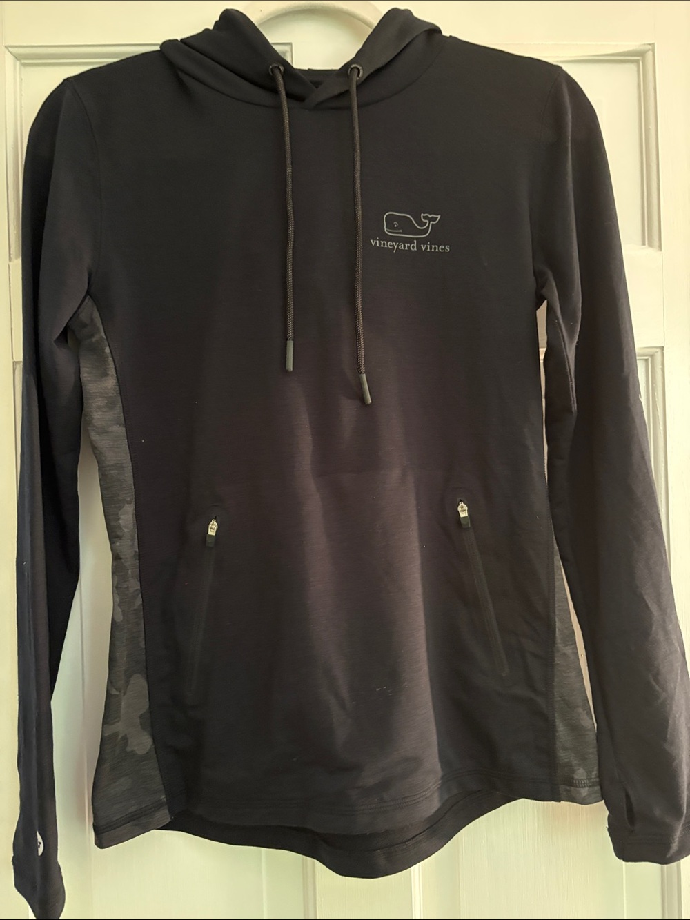 Vineyard Vines Women's Black Hooded Pullover with Subtle Camo Panels